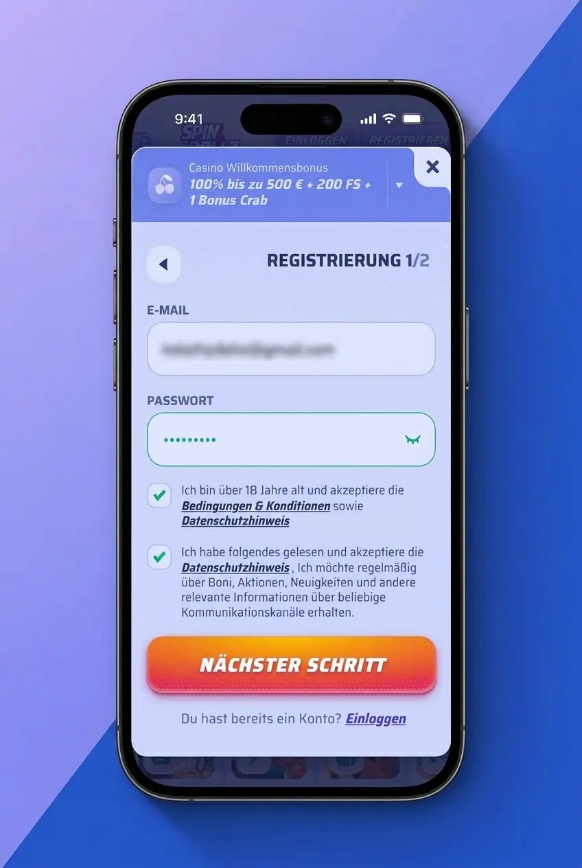 Registrierung in der Spinrollz Application